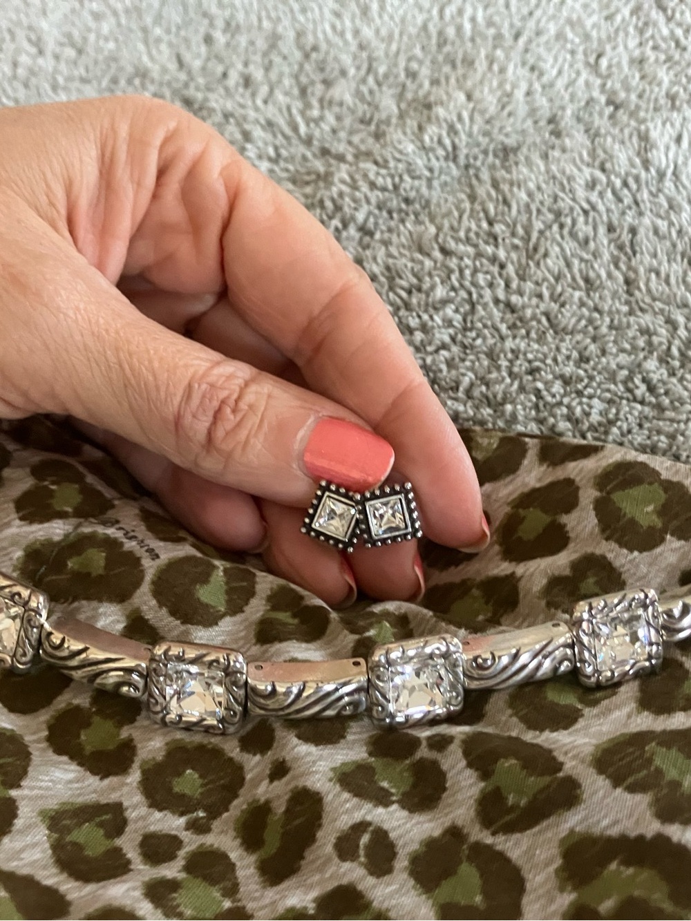 Brighton Silver-Tone Bracelet with Clear Crystal Squares and matching earrings